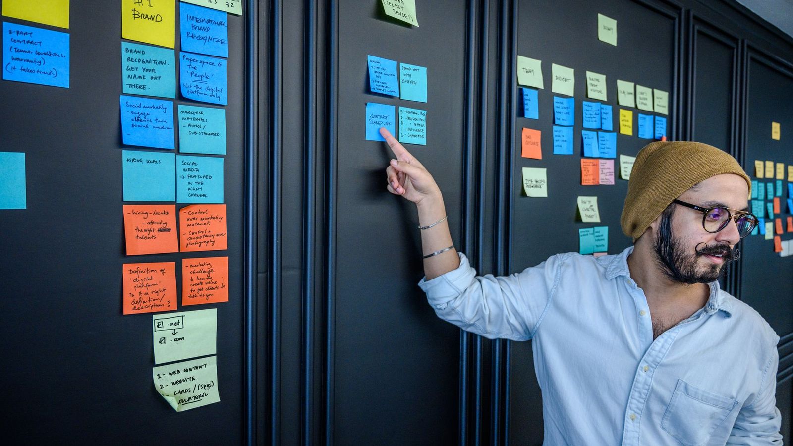 Un mur de notes, la recherche d'idées mise à plat